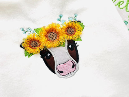 Fringed Sunflower Cute Cow Applique