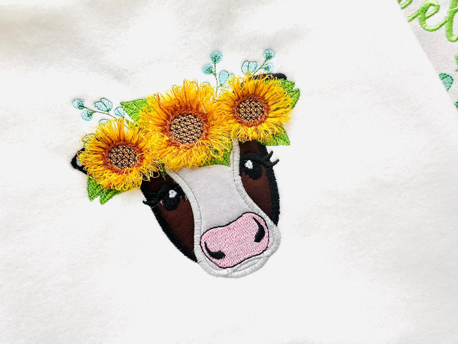 Fringed Sunflower Cute Cow Applique
