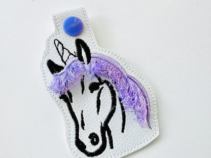 Unicorn face Key Fob Snap Tab and Eyelet girls keychain in the hoop