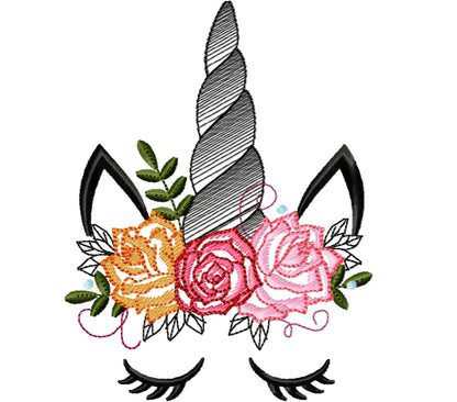 Unicorn drawing sketch embroidery design with shabby chick roses