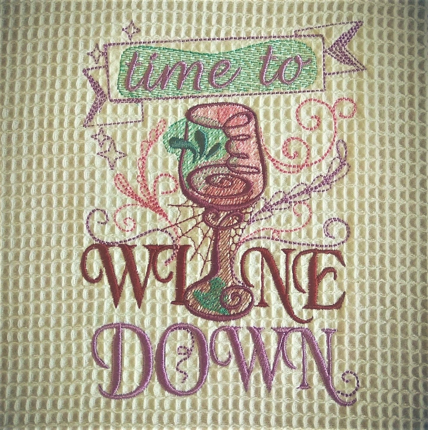 Time to wine down machine embroidery designs 4x4 and 5x7 kitchen towels