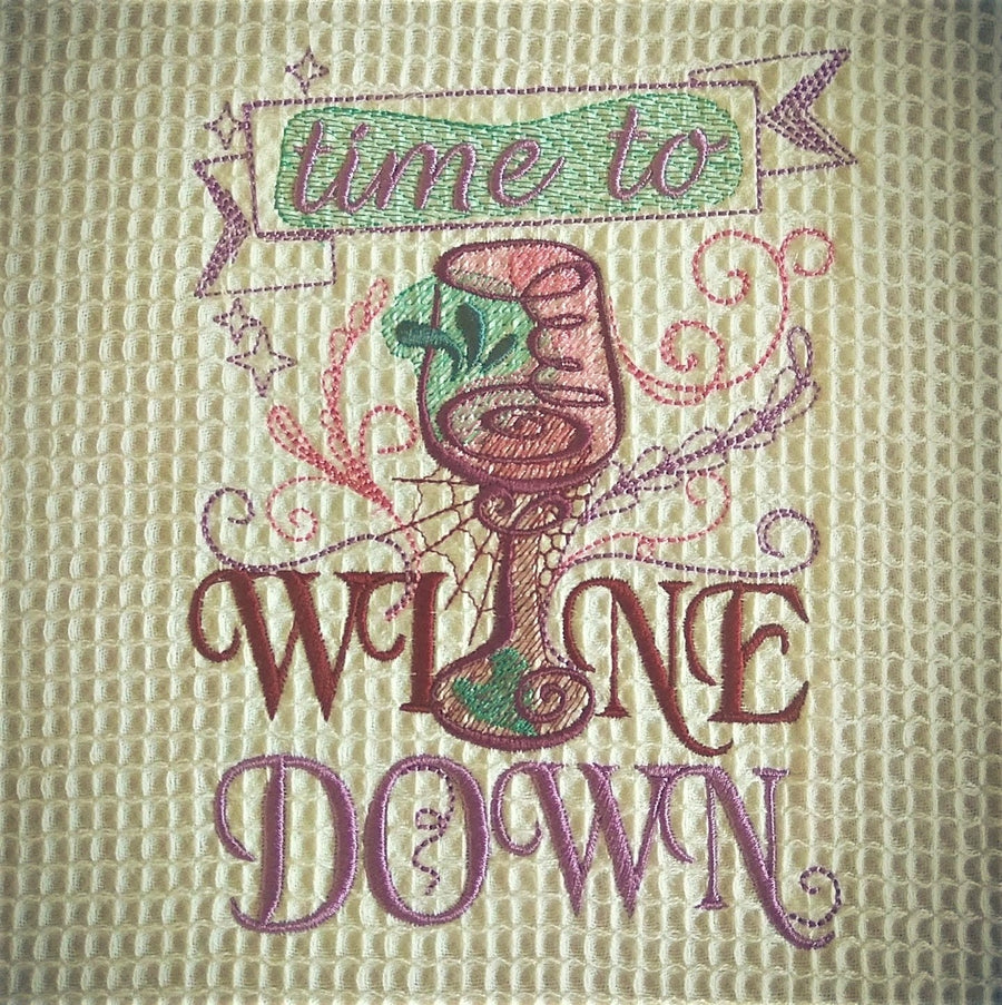Time to wine down machine embroidery designs 4x4 and 5x7 kitchen towels