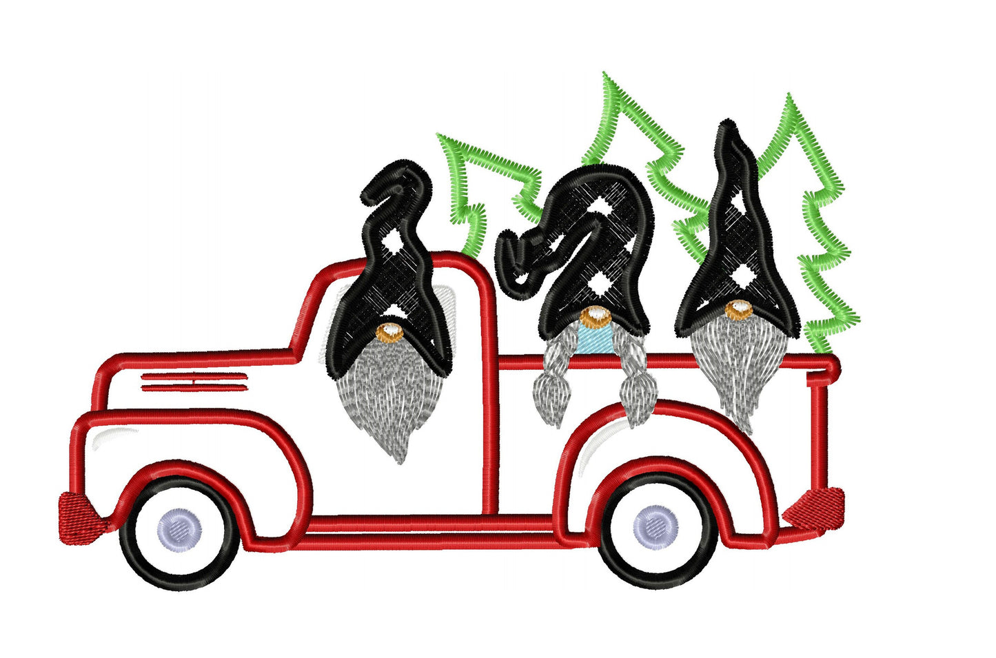 Station wagon with Christmas Gingham plaid gnomes Truck with trees in