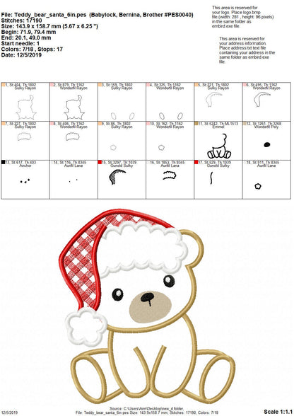 Teddy Bear with Plaid Checked Christmas Santa Hat Applique machine
