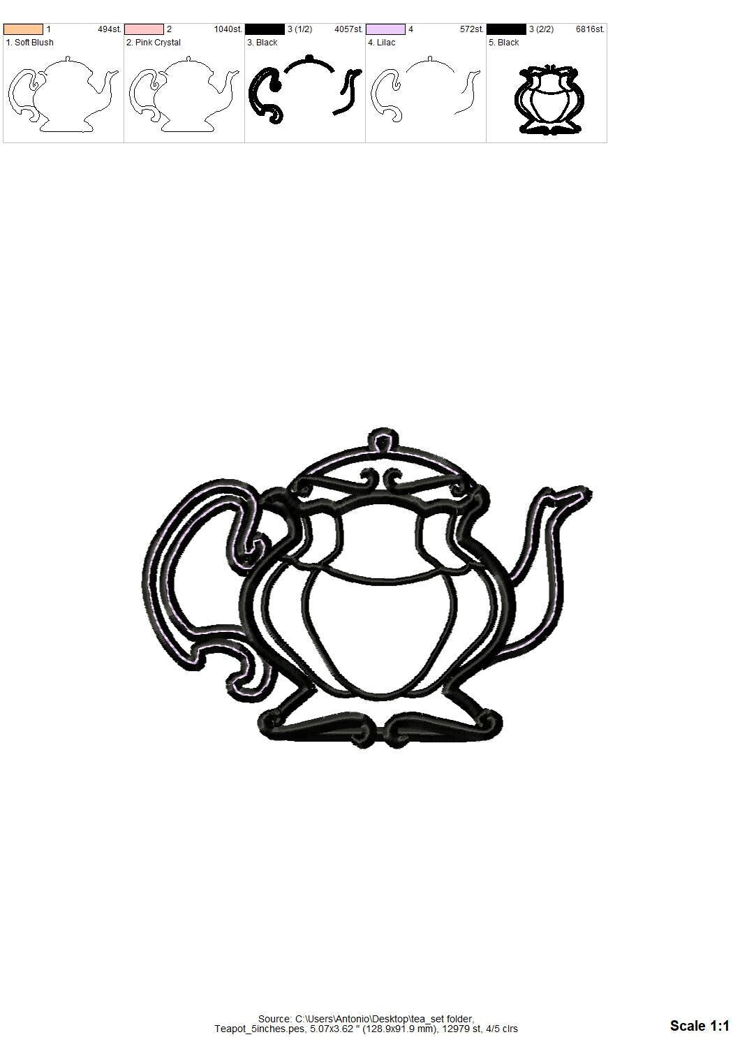 Tea Party Teapot and Stacked teacups Applique SET of 7 types curved