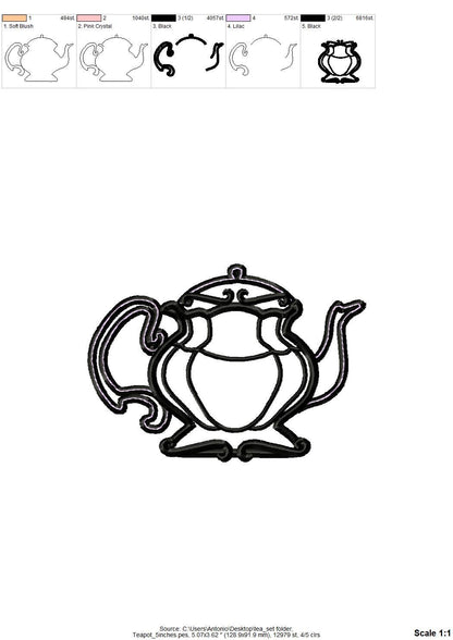 Tea Party Teapot and Stacked teacups Applique SET of 7 types curved