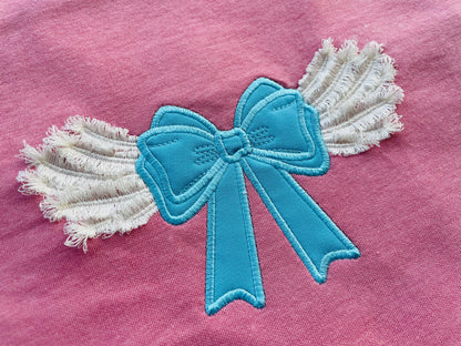 Fringed Angel wings fluffy feathers side Bow split seam in the hoop