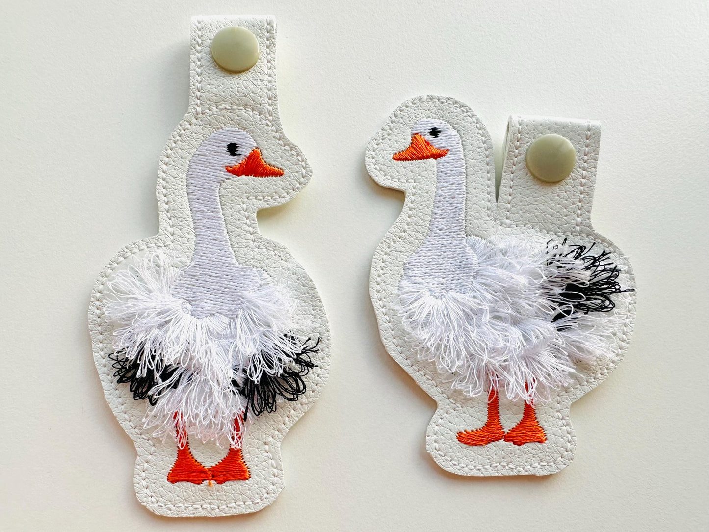 Fringed Geese key fob snap tab SET of 2 Goose keychain in the hoop