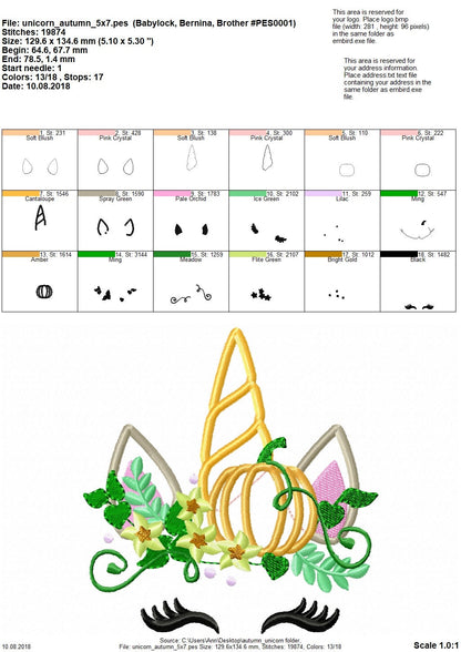 Fall Pumpkin Unicorn Head Applique