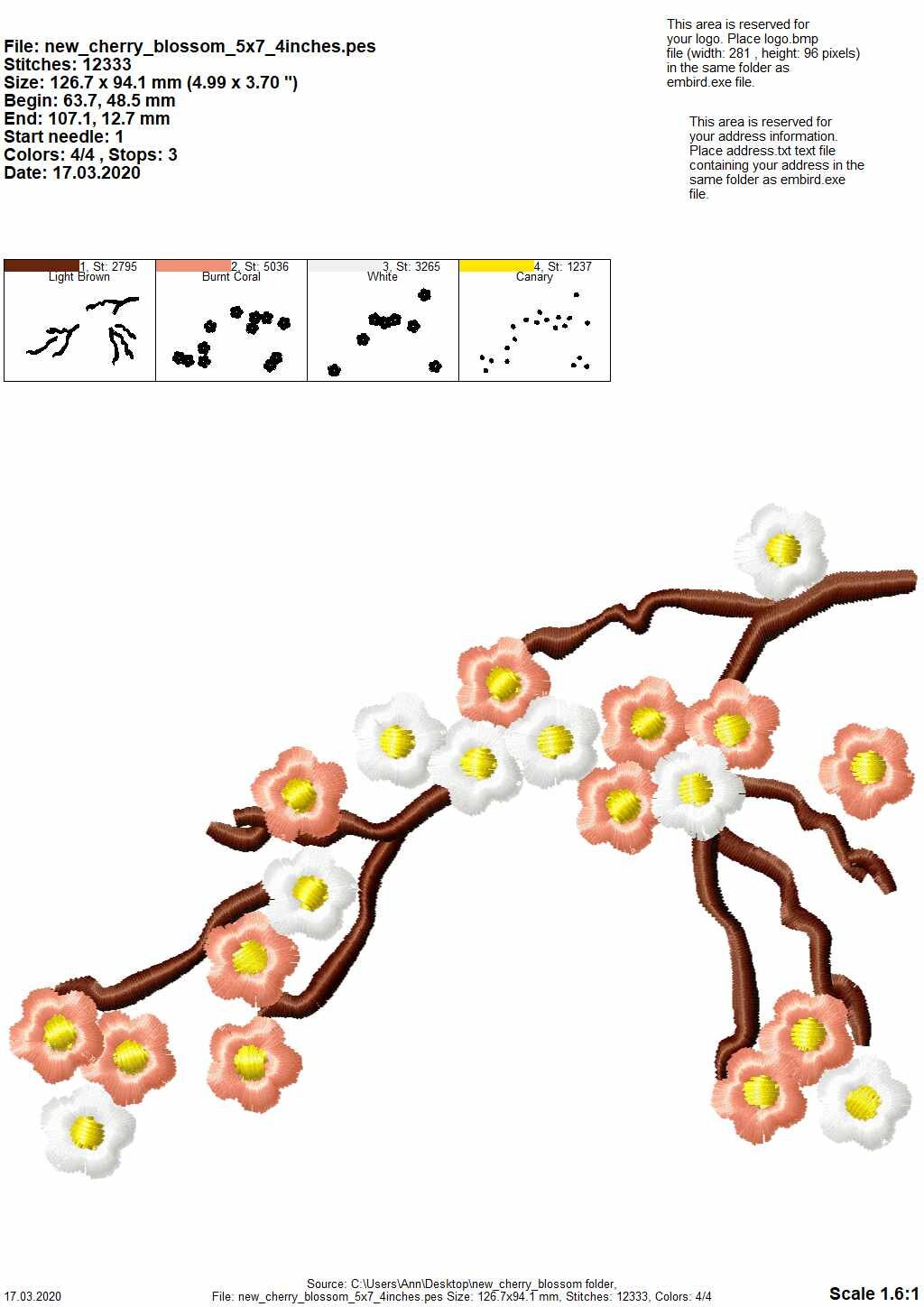 Cherry Blossom mini for embroidery hoops 4x4, 5x7 and 6x10