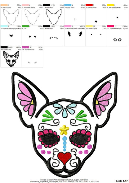 Chihuahua Sugar Skull applique design, dog skull embroidery, 4x4, 5x7
