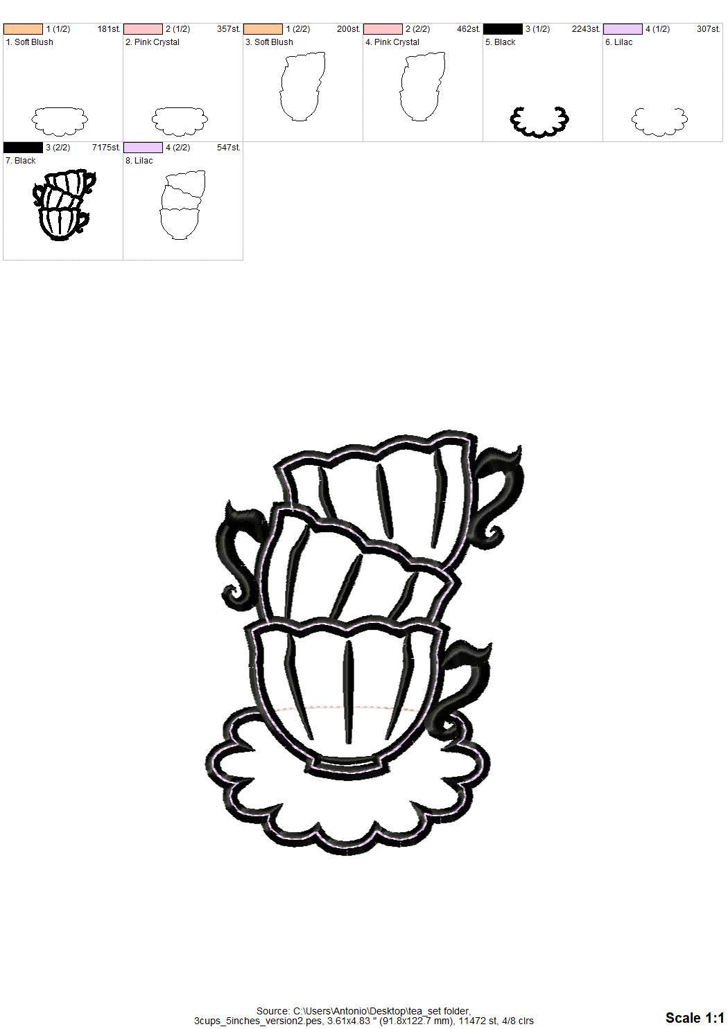 Tea Party Teapot and Stacked teacups Applique SET of 7 types curved