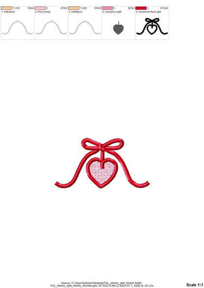 Valentine Heart FSL split seam side bow machine embroidery designs