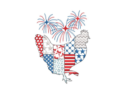 Patchwork Farm Chicken silhouette outline and Fireworks patterned