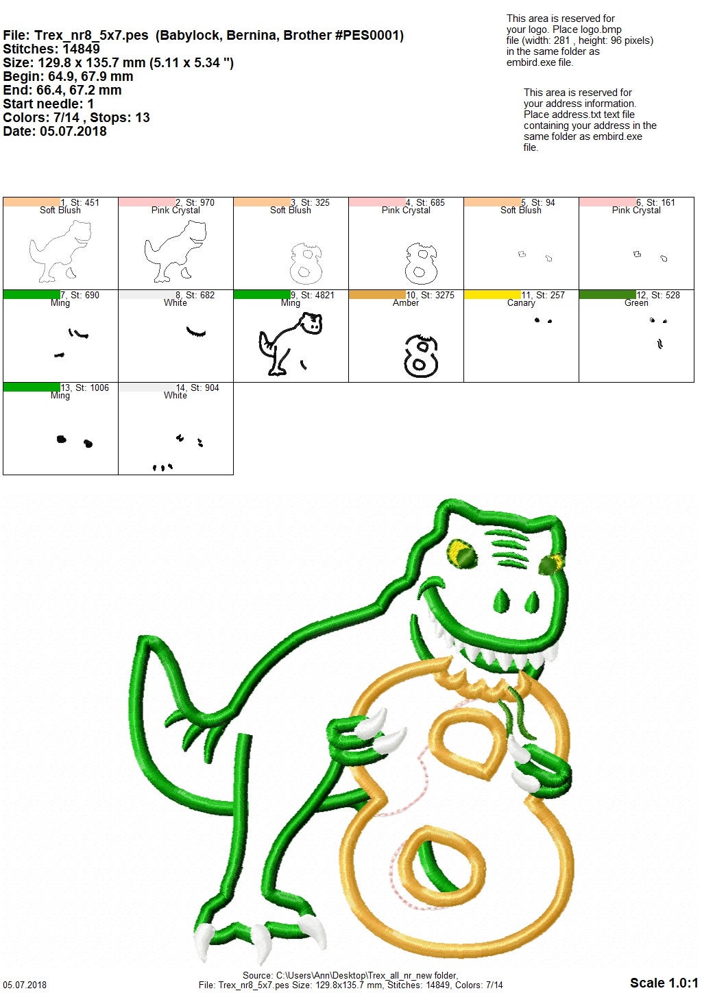 T-rex dinosaur Birthday number EIGHT 8 machine embroidery Birtday