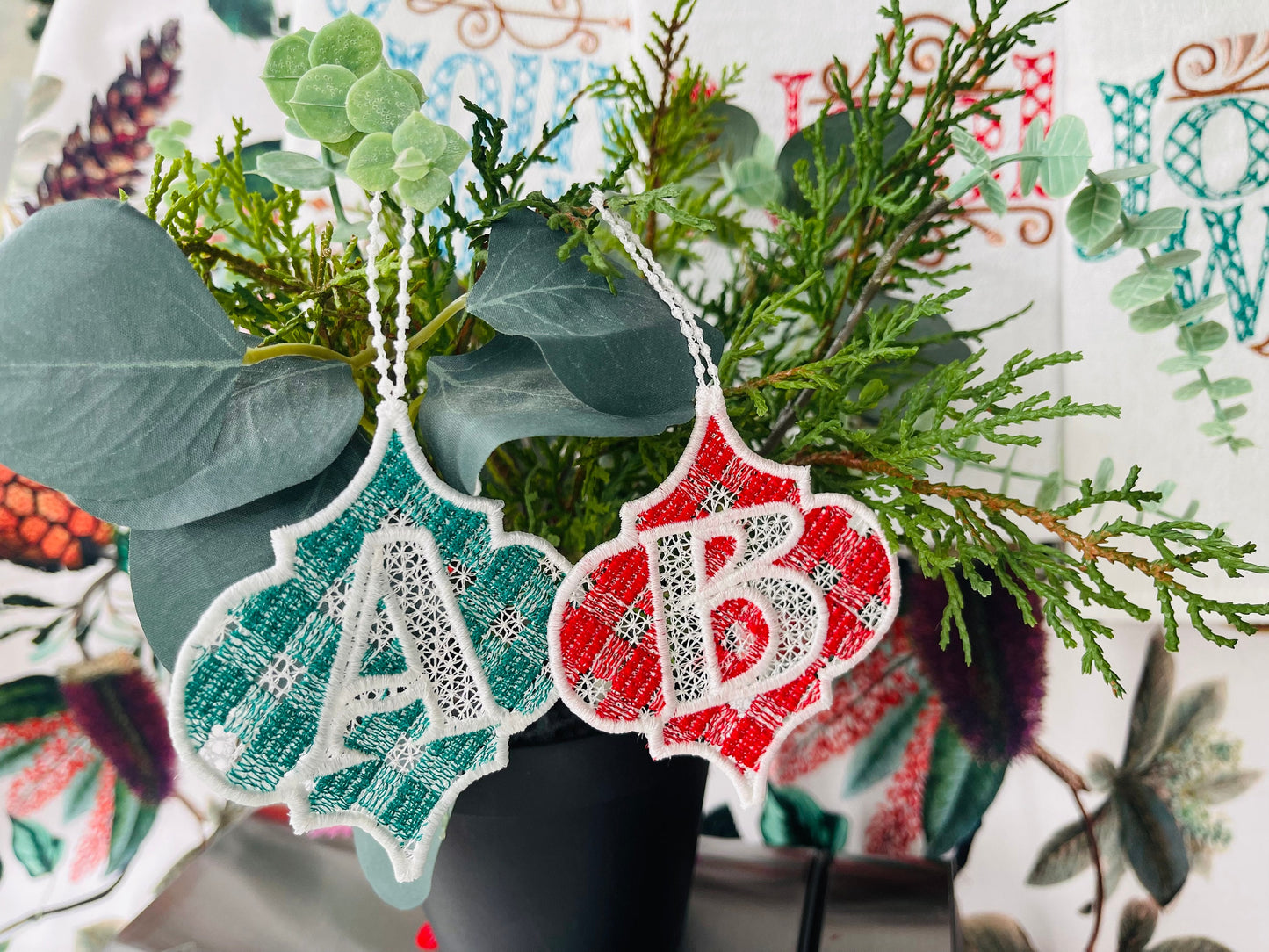 Gingham Christmas Tree Ornament Monogram