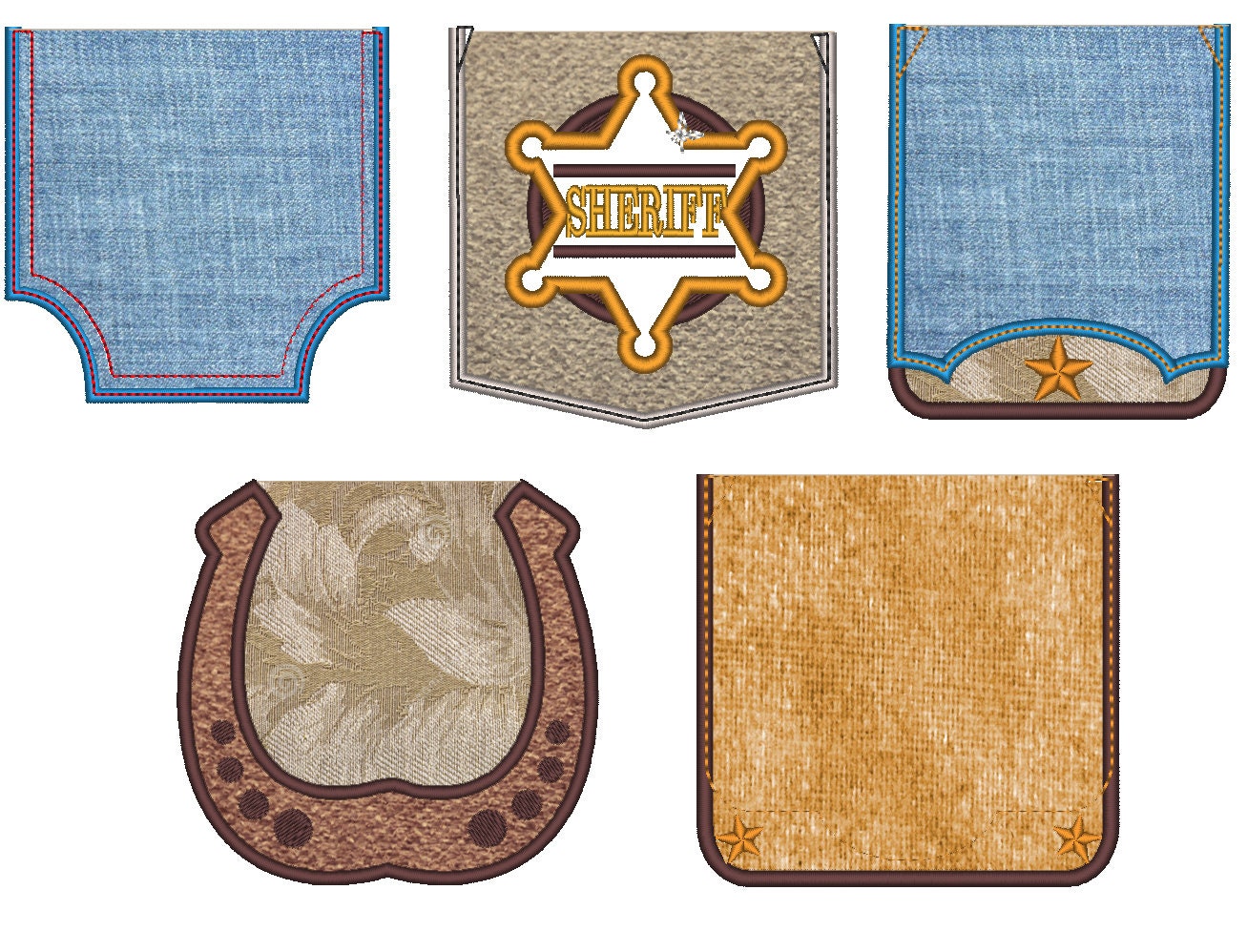 Western style Pocket Applique Set of 5 styles machine embroidery