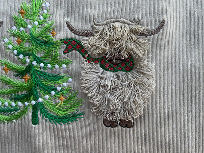 Fringed Highland Cow with Christmas Tree