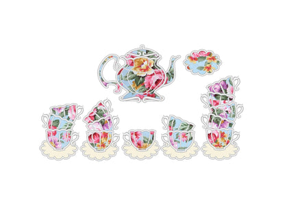 Tea Party Teapot and Stacked teacups Applique SET of 7 types curved