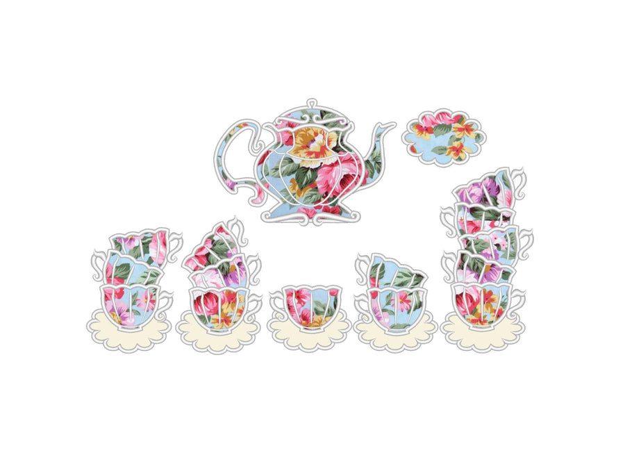 Tea Party Teapot and Stacked teacups Applique SET of 7 types curved