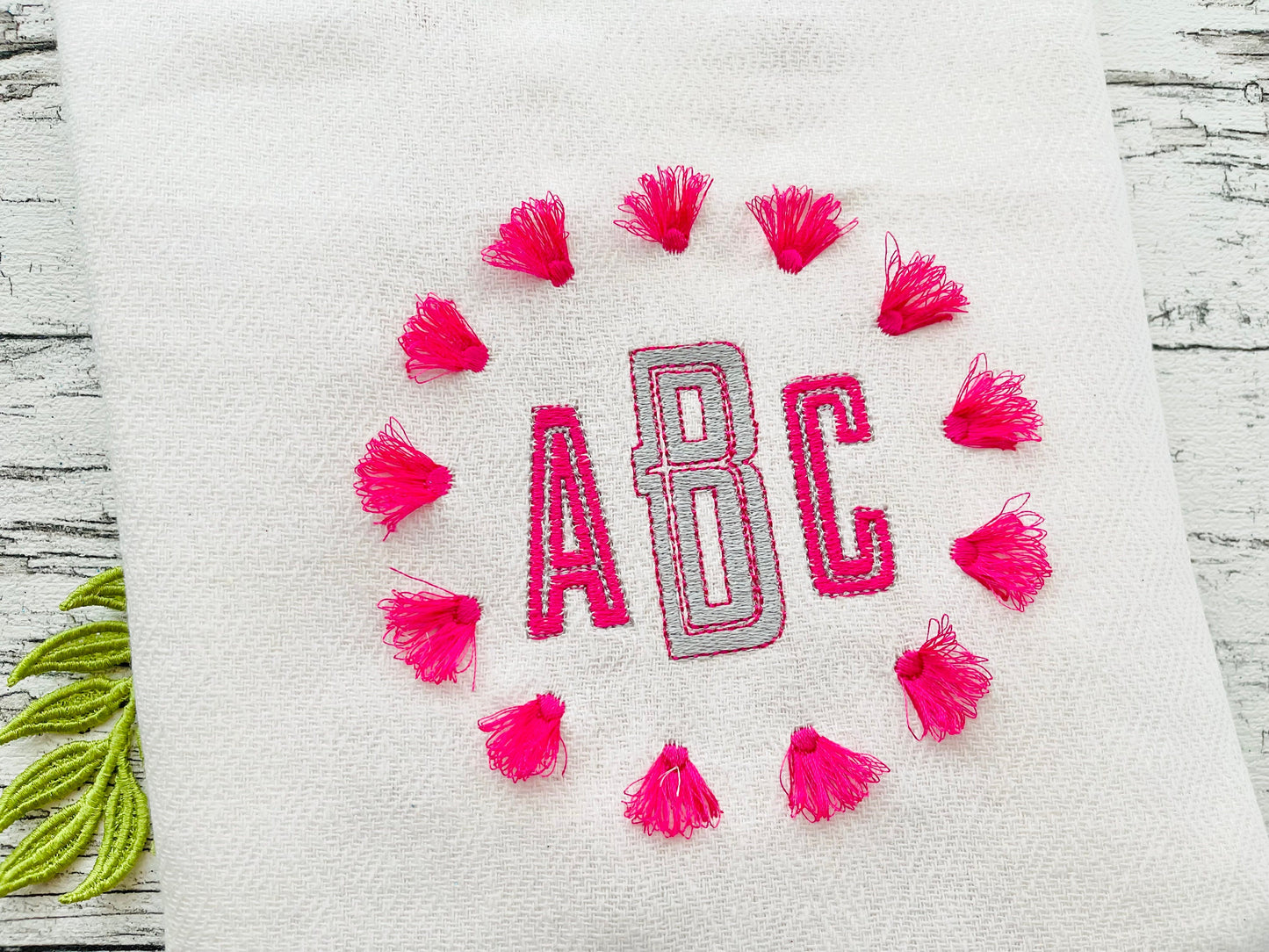 Chinoiserie fringed tassel circle monogram frame and alphabet BX