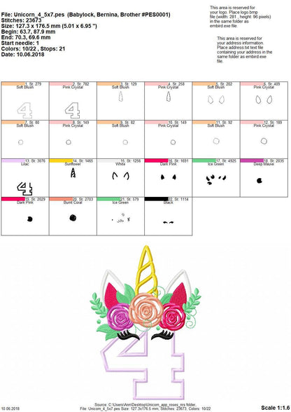 Floral Unicorn Birthday Numbers Applique