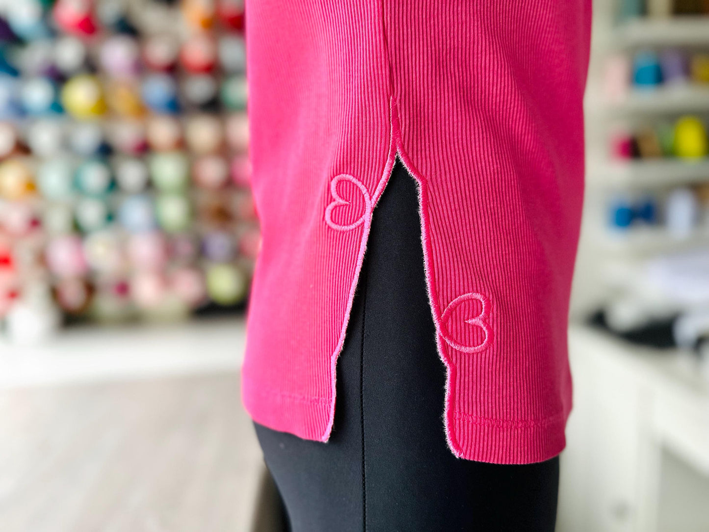 Two small Hearts split side seam cutout Side Bow machine embroidery