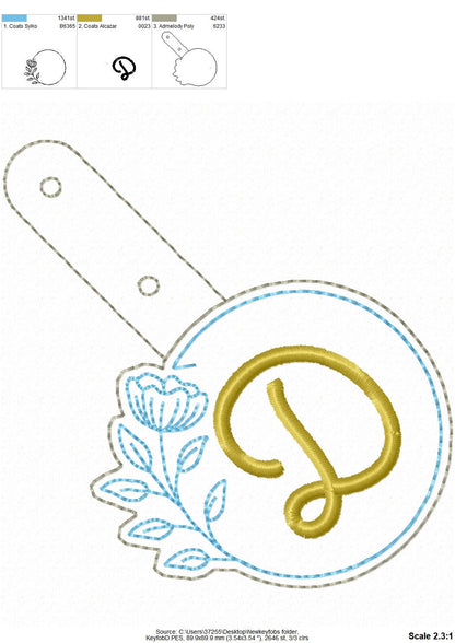 Round Circle Floral Monogram Keychain