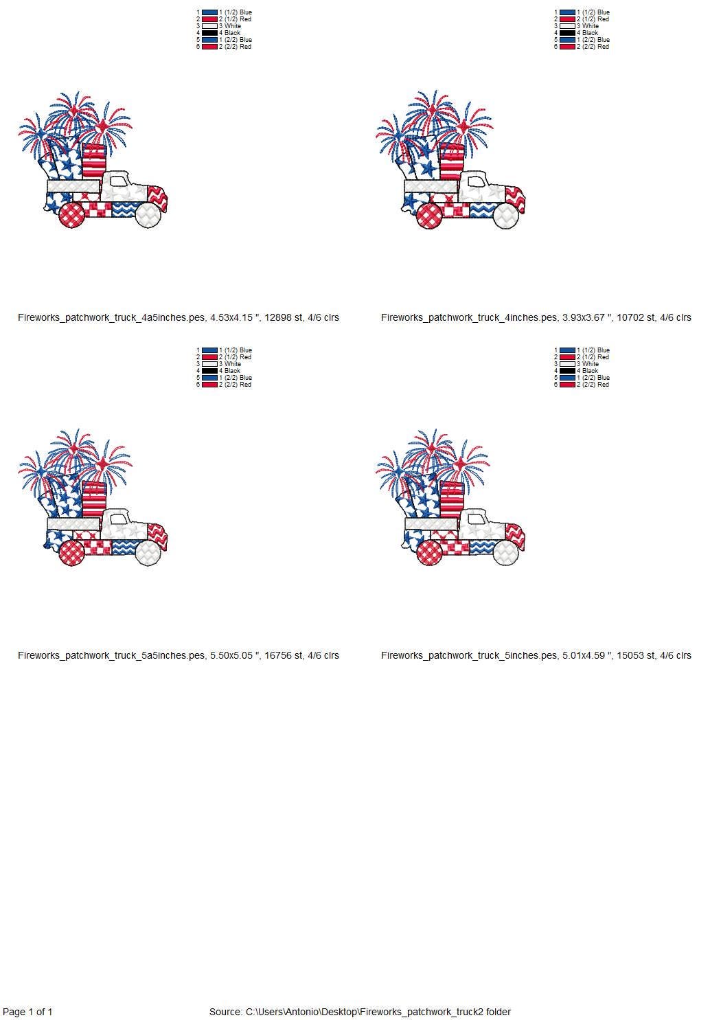 Patriotic Patchwork Red Truck with Fireworks patterned Truck outline