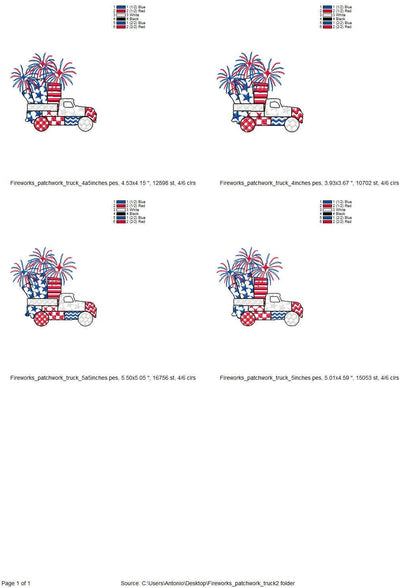Patriotic Patchwork Red Truck with Fireworks patterned Truck outline
