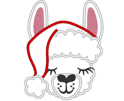 Christmas hat llama applique embroidery, Llama alpaca with winter Santa