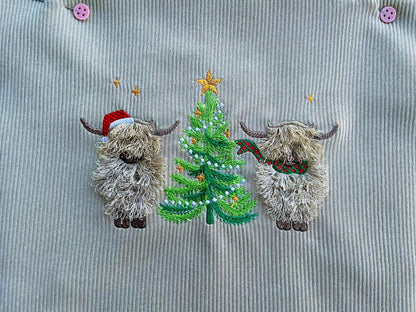 Fringed Highland Cow with Christmas Tree
