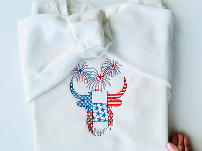 Patchwork Highland Cow Bull farm animal patterned outline and Fireworks