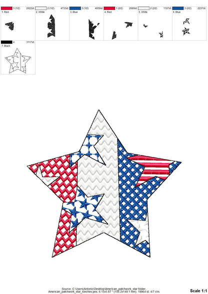 Patchwork Patriotic Star outline US flag stars and stripes patterned