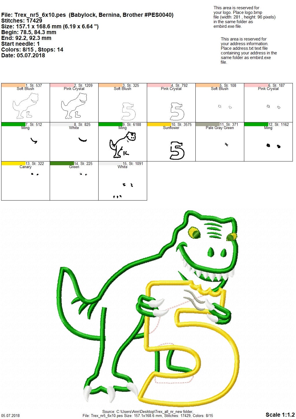 T-rex dinosaur Birthday number FIVE 5 machine embroidery Birthday