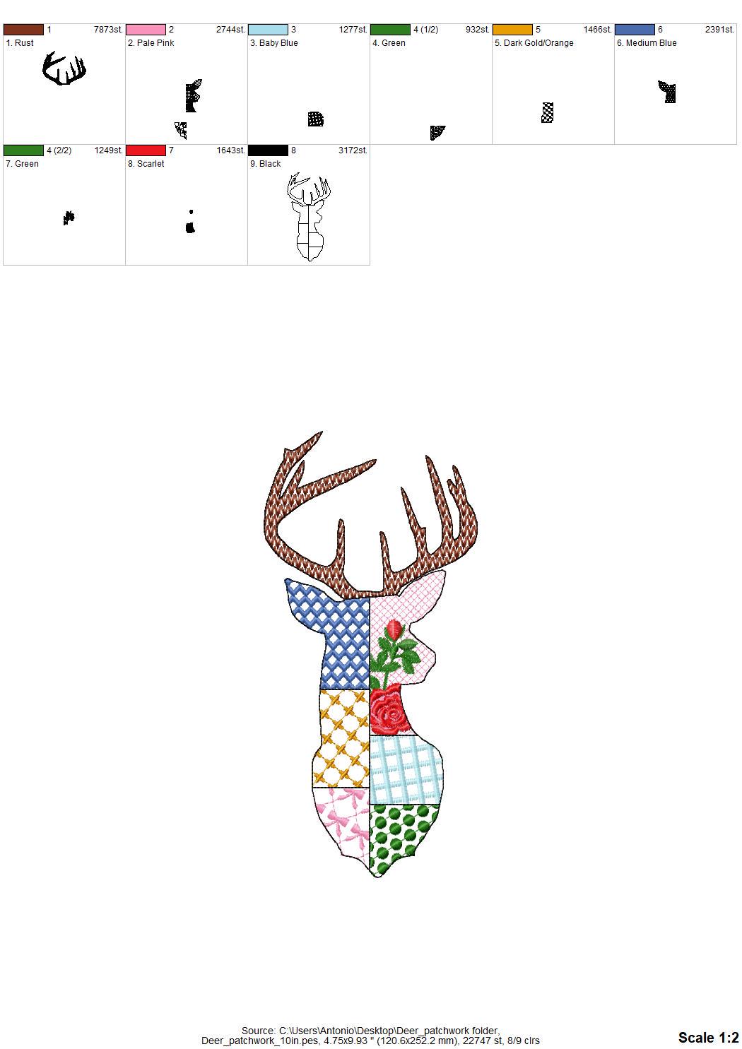 Patchwork Deer Head patterned Buck Deer face machine embroidery designs