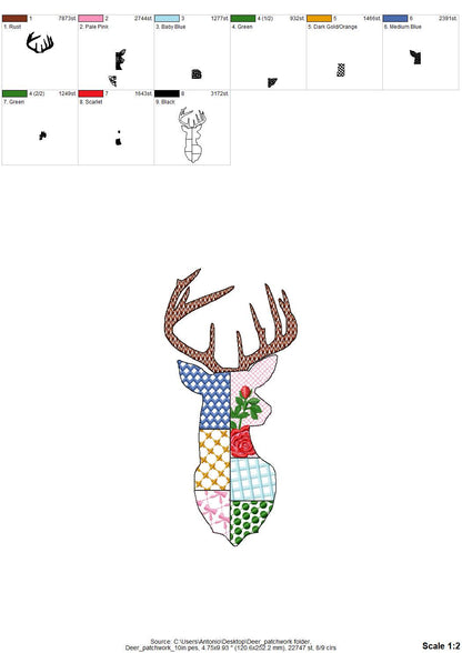 Patchwork Deer Head patterned Buck Deer face machine embroidery designs
