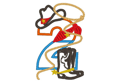 Little Cowboy Birthday Number 2 TWO wide satin stitch Applique machine