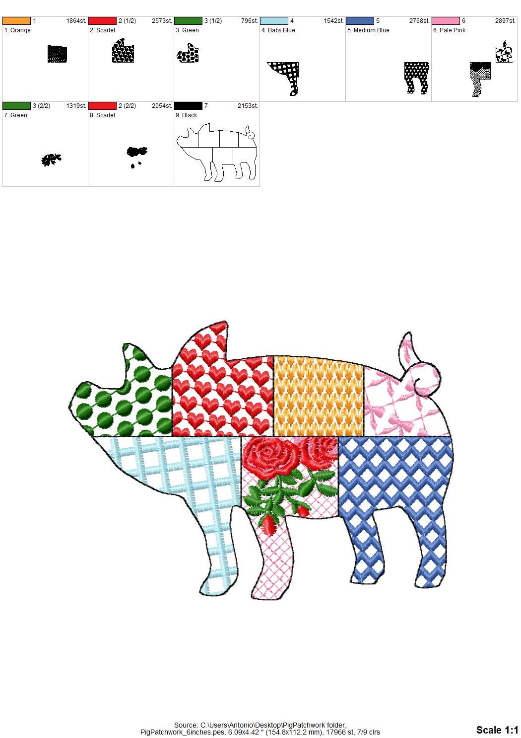 Patchwork Pig Piggy Piggie Farm animal patterned Pig silhouette outline