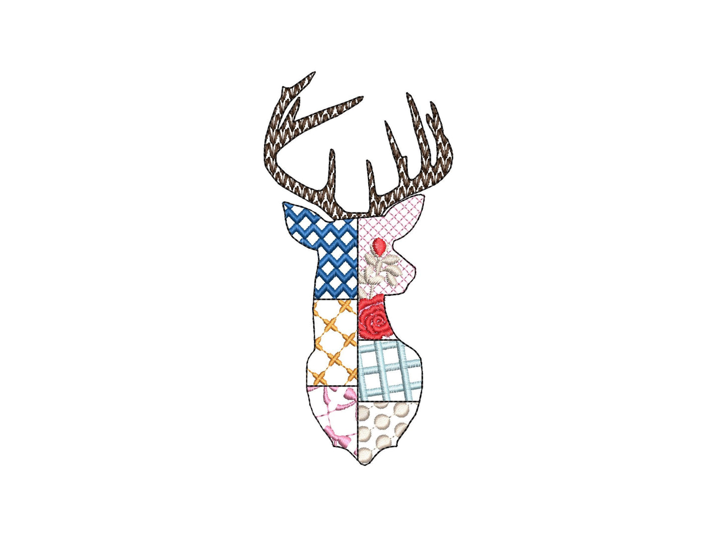 Patchwork Deer Head patterned Buck Deer face machine embroidery designs
