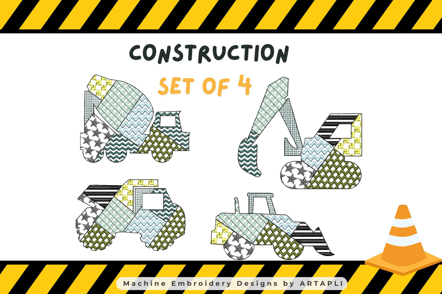 Patchwork Construction Vehicle SET of 4 Tractor Mixer Digger Truck