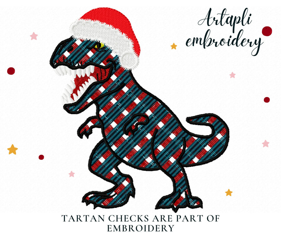 Gingham Plaid Patterned T-Rex Santa
