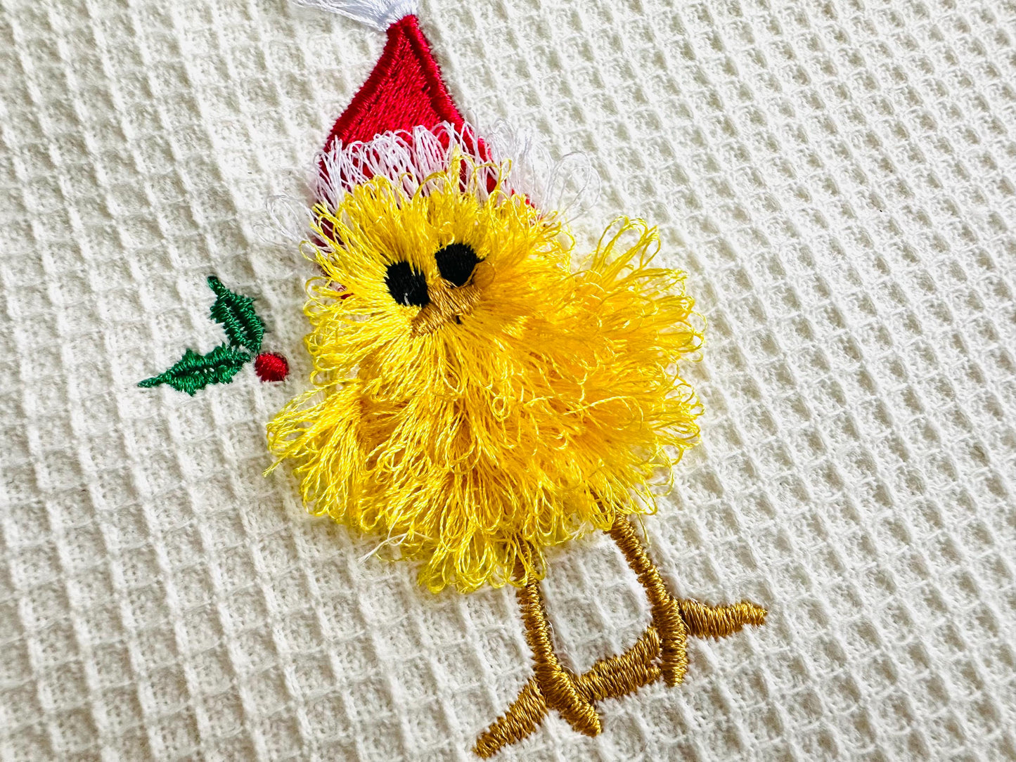 Christmas Holly Chick fringed fur chenille fluffy Chick with Santa Hat