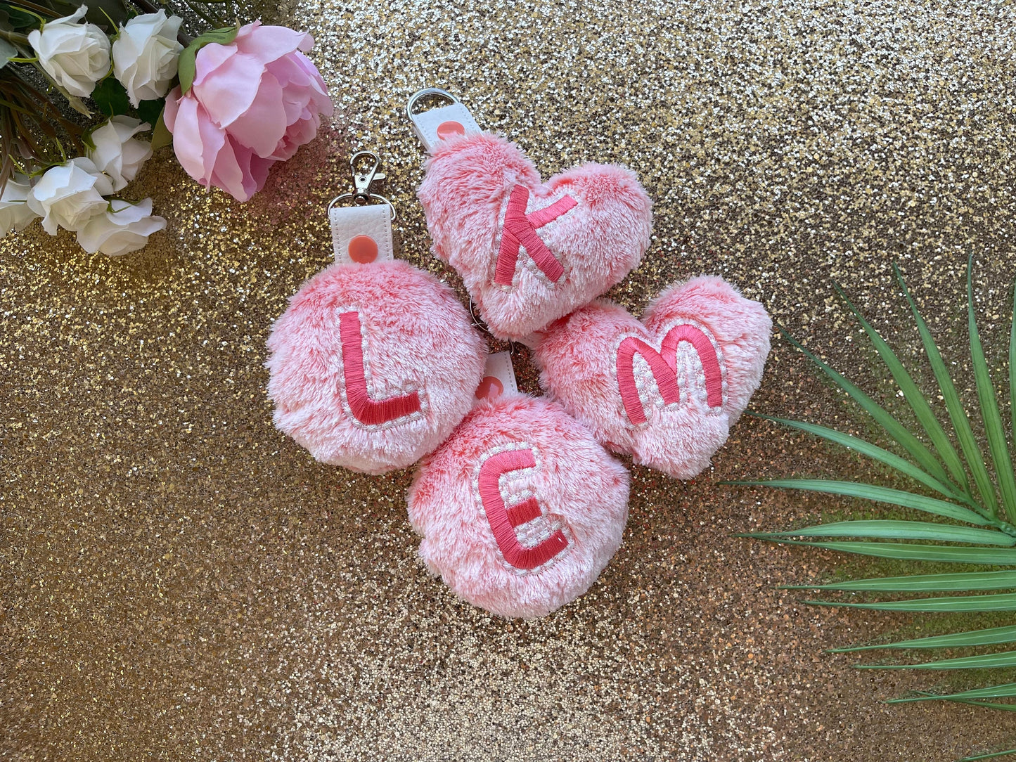 Minky fur fluffy Ball and Heart Keychain