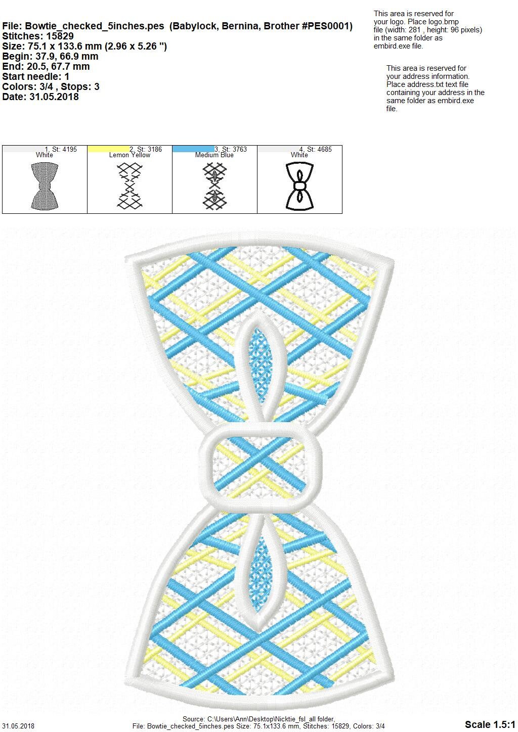 Checked Lace little boy Bow Tie FSL Freestanding machine embroidery