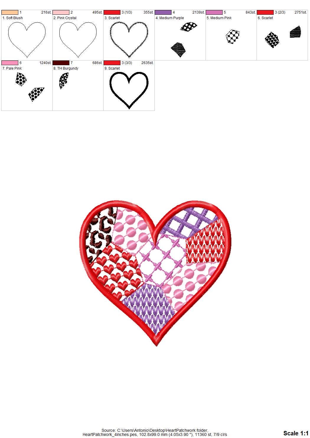 Patchwork Heart Valentine patterned Heart Applique machine embroidery
