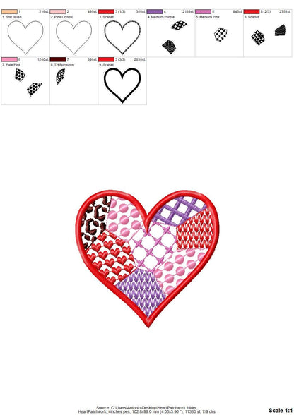 Patchwork Heart Valentine patterned Heart Applique machine embroidery