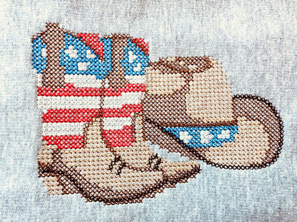 Cross stitch Cowboy Boots and Hat USA flag patterned patriotic 4th of