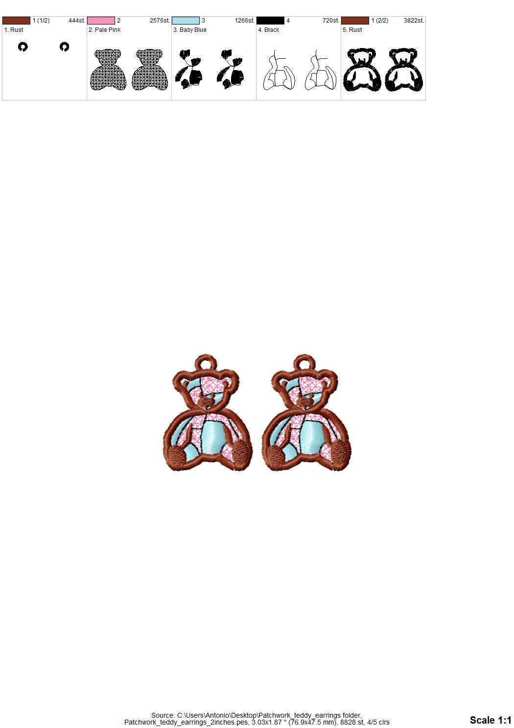 Patchwork Teddy Bear Earrings or Charm
