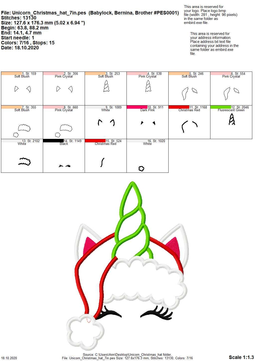 Christmas Unicorn Head Applique